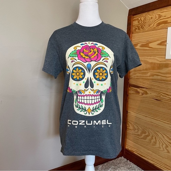 Tropical Relax Sugar Skull Cozumel Mexico Grey Short Sleeve Tee Small - Picture 1 of 7